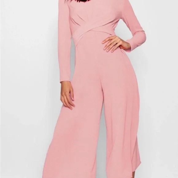 Boohoo Blush Pink Knot Front Woven Culotte Long Sleeve Wide Leg Jumpsuit - Picture 2 of 11